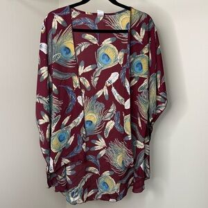 Boho Peacock Feather Print Kimono Cardigan | Maroon Drape Open Front (Loose Fit)